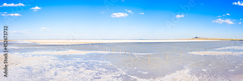 Beautiful view, wildlife and industrial landscape at Salt lake Baskunchak, Astrakhan region Russia. photo