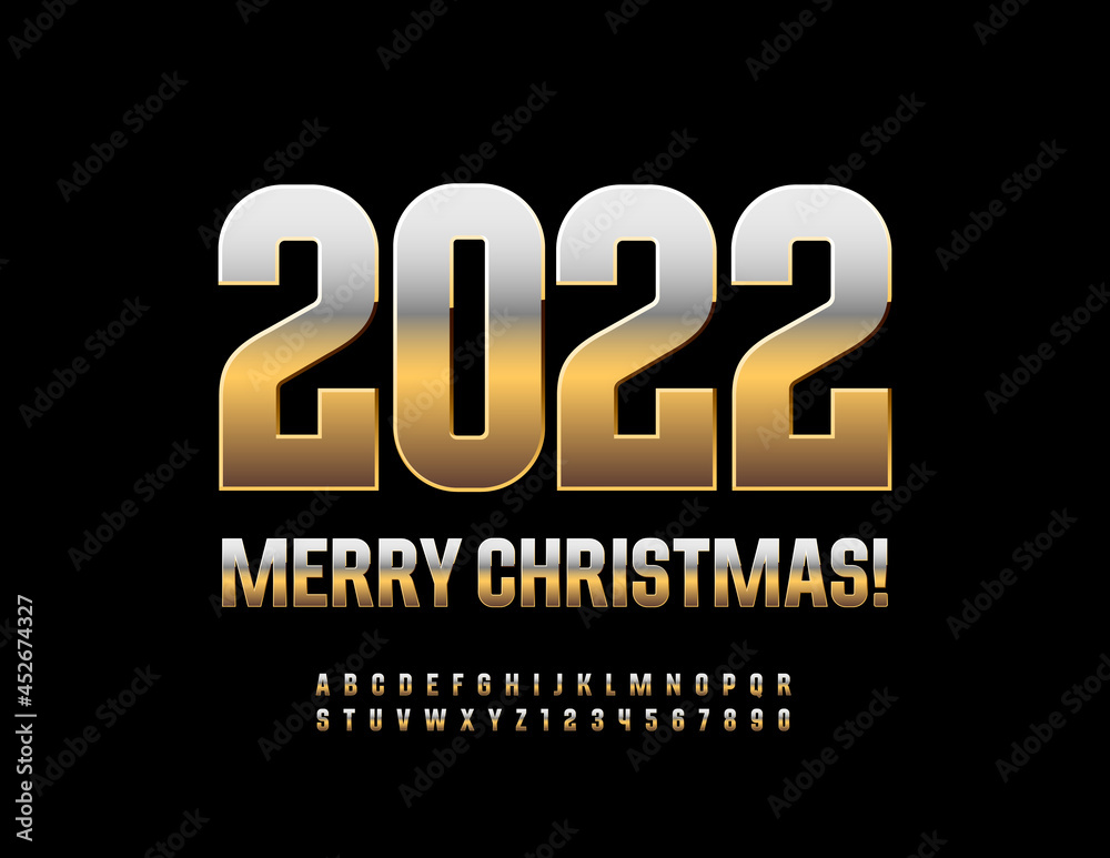 Vector trendy Greeting Card Merry Christmas 2022! Modern metallic Font. Gold stylish Alphabet Letters and Numbers set