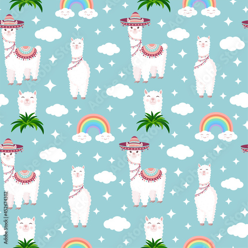 Seamless pattern with funny llamas in sombrero, clouds, stars and rainbows on a blue background. Vector illustration for baby texture, textile, fabric, poster, postcard, decor. Alpaca from Peru.