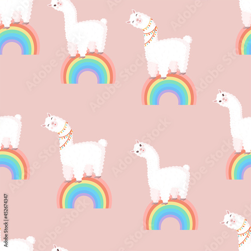 Seamless pattern with llamas on the rainbow. Vector illustration for baby texture, textile, fabric, poster, greeting card, decor. Cute alpaca from Peru. Textures with animals.