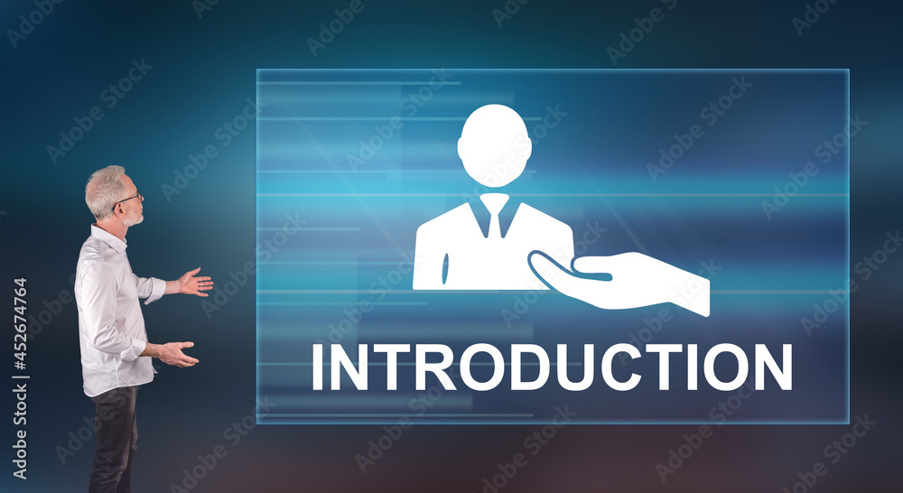 An introduction concept explained by a businessman on a wall screen An introduction concept explained by a businessman on a wall screen