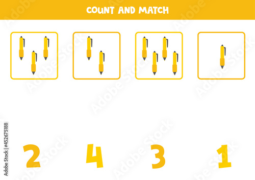Counting game with cute writing pens. Math worksheet.
