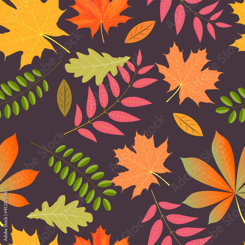 Autumn seamless background. Bright leaves on a dark background.