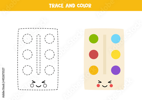 Trace and color cute kawaii paints. Worksheet for kids.
