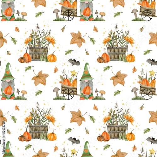 Watercolor seamless pattern for happy halloween, autumn, hello october.