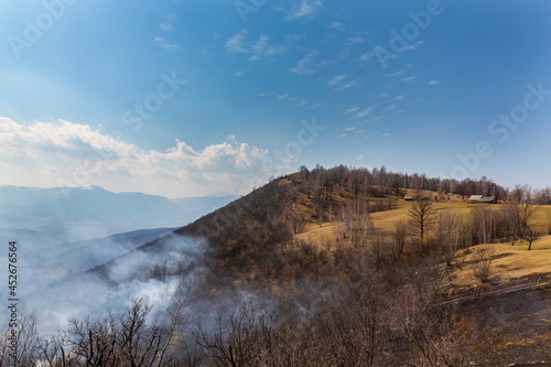 Smoke from wild forest fires in a rural area in Europe