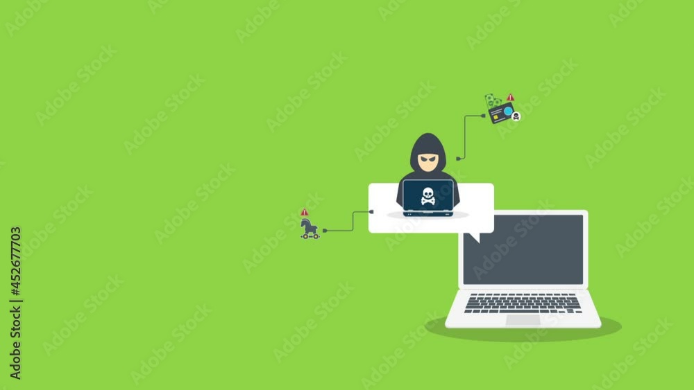 Hacker with laptop computer stealing confidential data, personal information and credit card detail. Hacking concept.	