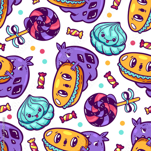 Kawaii colorful food seamless pattern. Cartoon style doodle sweety characters. Emotional faces icon candy shop. Vector