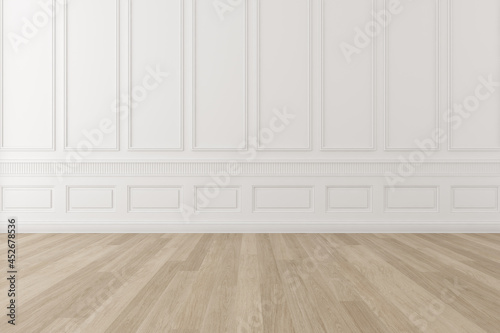 3d rendering of white empty classic room with wood laminate floor.