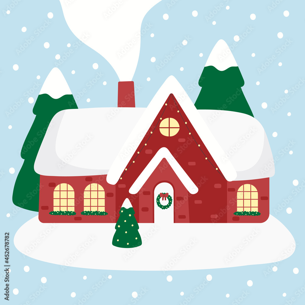 Fototapeta premium Cute hand drawn winter christmas cottage. Snowy house with xmas decorations, garland and pines. Holiday card design. Illustration in flat style