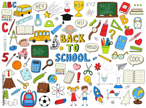 Fototapeta Naklejka Na Ścianę i Meble -  Set of doodle outline icons back to school. School items, supplies, stationery, Hand-drawn black and white vector illustration. Design elements are isolated on a white background