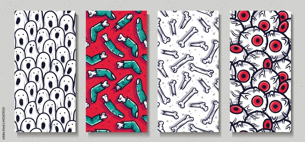 Halloween zombie finger and eye. Bones and scary ghost for creepy background. Set of seamless patterns with eyeball, undead and spirit for holiday package and wrapper