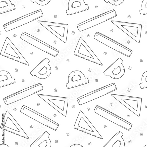 School simple seamless pattern with ruler, triangle and protractor. Mathematics, geometry. Black and white background with isolated hand-drawn doodle outline elements. Vector illustration.