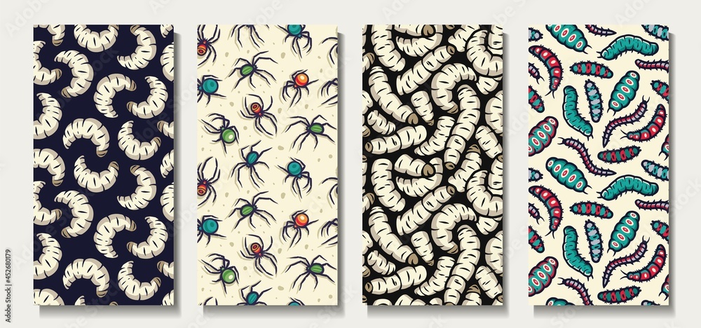 Halloween worms or maggots. Larva insect or scary bug for creepy backgrounds. Set of seamless patterns for wallpaper of zombie party