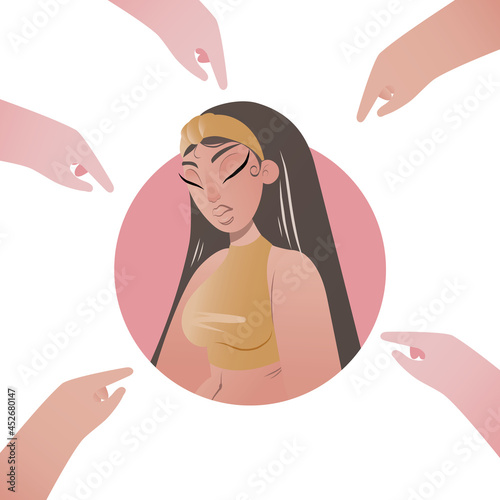 Shaming. Sad or depressed young woman surrounded by hands with index fingers pointing at her. The concept of blanket, blame, public blame and victim blame. Flat cartoon colorful vector illustration.