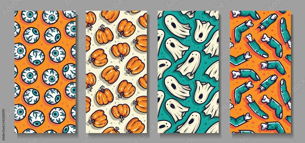 Halloween zombie finger and eye. Pumpkin and scary ghost for creepy backgrounds. Set of seamless patterns with eyeball, undead and spirit for holiday package and wrapper