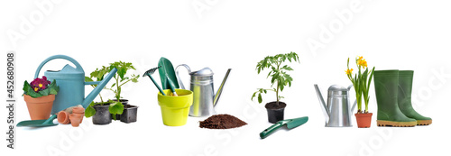 collage of gardening equipment and plants isolated on white back