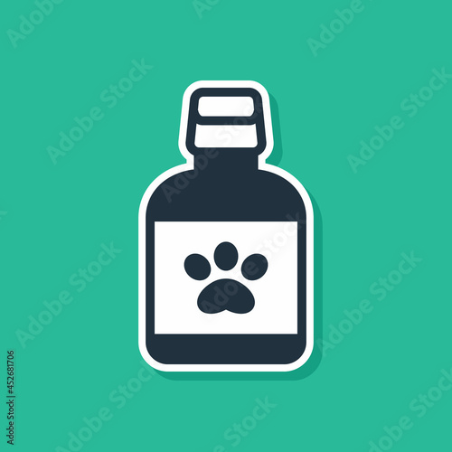 Blue Dog medicine bottle icon isolated on green background. Container with pills. Prescription medicine for animal. Vector