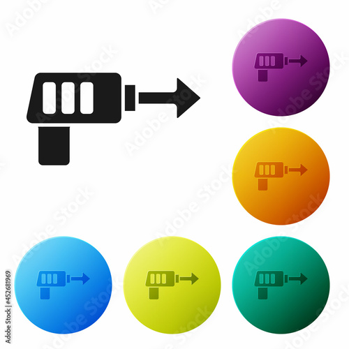 Black Fishing harpoon icon isolated on white background. Fishery manufacturers for catching fish under water. Diving underwater equipment. Set icons in color circle buttons. Vector