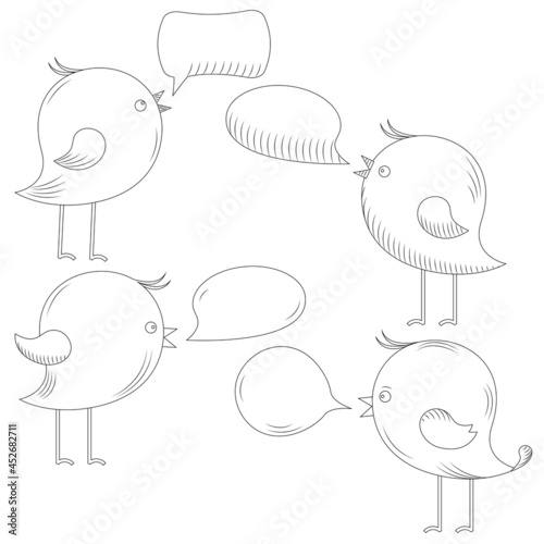 Birds with dialog speech bubble set, line art engraving vector