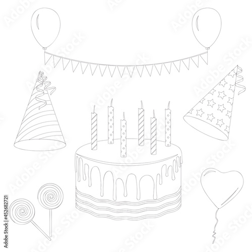 Birthday party elements set, line art vector elements