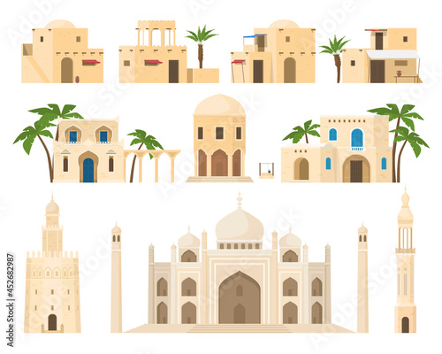 Traditional Arabic houses set vector flat illustration ethnic Islamic architecture facades