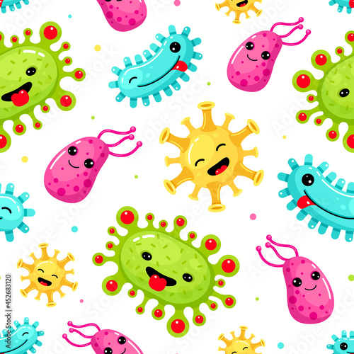 Funny childish cartoon bacteria seamless pattern vector illustration. Cute smiling gems microbes © Vikivector