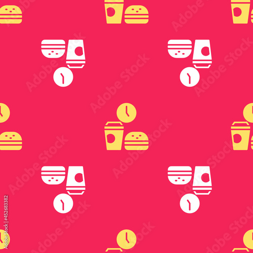 Yellow Fast food time icon isolated seamless pattern on red background. Vector