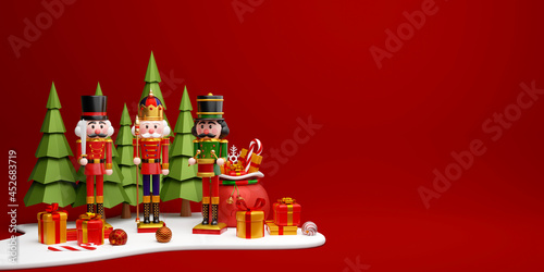 Christmas banner nutcracker with Christmas gift in pine forest, 3d illustration photo
