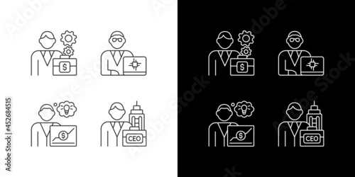 Senior executive roles linear icons set for dark and light mode. Chief Executive Officer. Main company position. Customizable thin line symbols. Isolated vector outline illustrations. Editable stroke