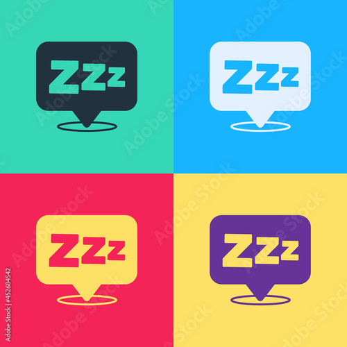 Pop art Sleepy icon isolated on color background. Sleepy zzz black talk bubble. Vector