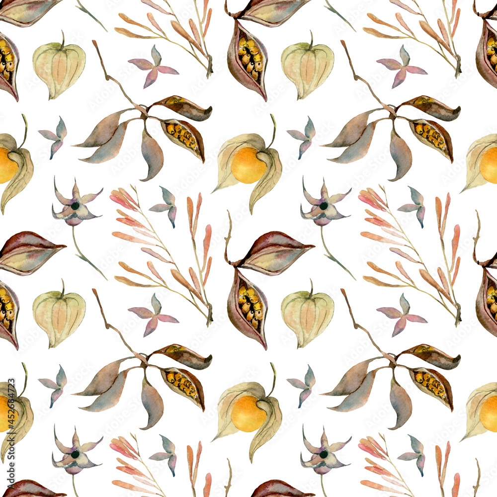 Fototapeta premium Seamless watercolor autumn pattern with physalis on a white background
