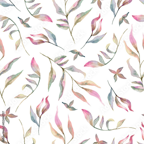 Seamless botanical watercolor pattern with delicate pink leaves on a white background.