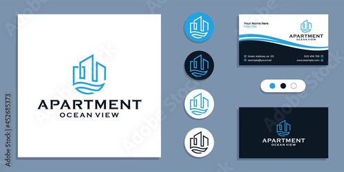 Building with sea, apartment ocean view logo and business card design template inspiration