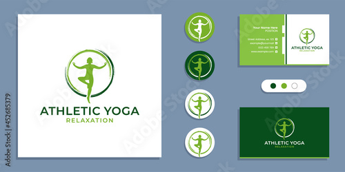 Circle zen, athletic yoga people logo and business card design template