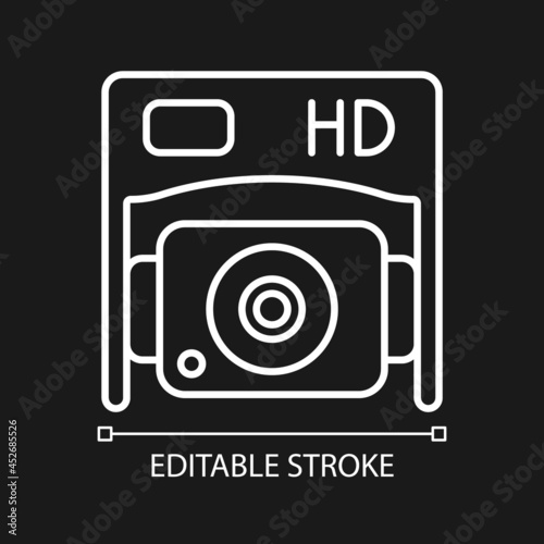 HD bottom camera white linear manual label icon for dark theme. Thin line customizable illustration. Isolated vector contour symbol for night mode for product use instructions. Editable stroke