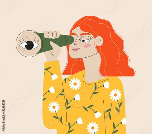 Curious woman looks through spyglass, monocular. Business metaphor concept vector for UI.