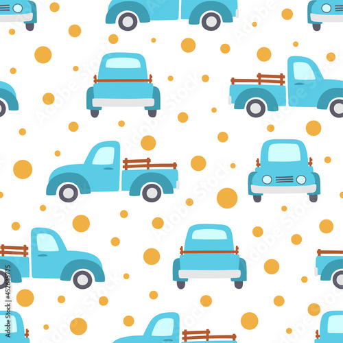 Seamless pattern of blue pickup with orange circles.