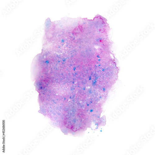 Abstract violet watercolor background, bright colorful blot, texture effect with blue and pink spots.