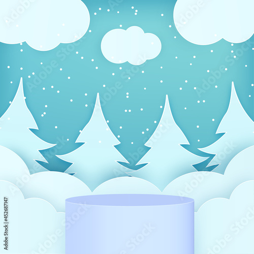 Winter product podium on the paper art style background Vector