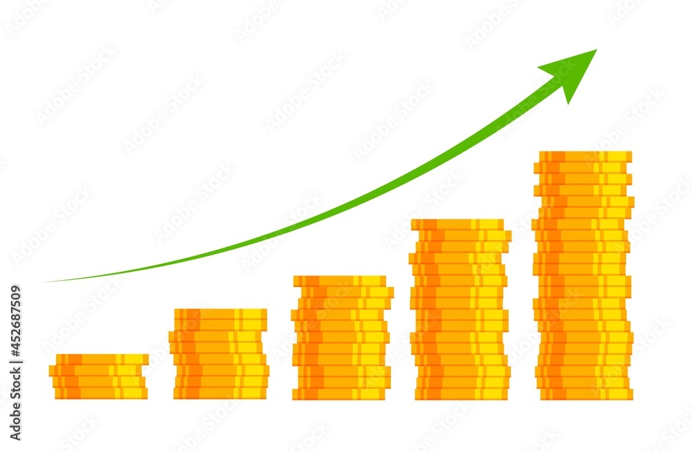 Fototapeta premium Money profit. Financial growth concept with stack of gold coins. Business success, investment income, capital gains, benefits. Vector illustration isolated on white background.