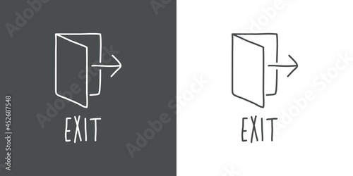 Logotipo con texto manuscrito Exit escrito a mano con puerta abierta con flecha con lineas en fondo gris y fondo blanco