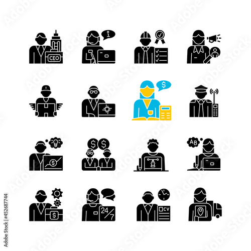 Company staff related RGB black glyph icons set on white space. Chief executive officer. Customer support. Sales representative. Company workers team. Silhouette symbols. Vector isolated illustration