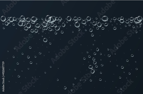 Transparent fizzy bubbles. Sparkles champagne. Fizzy pop and effervescent drink. Abstract fresh soda and air bubbles, oxygen, champagne crystal. Vector illustration on black background.