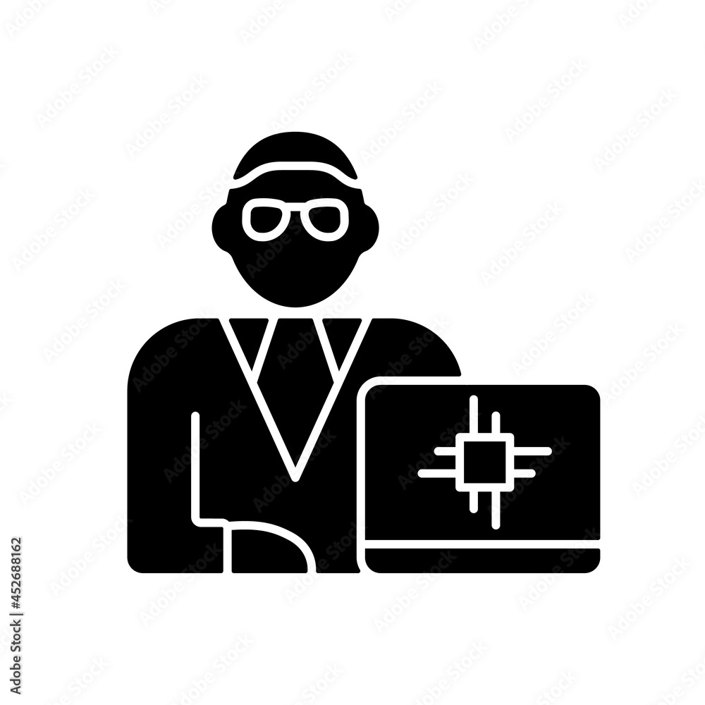 Chief technology officer black glyph icon. Scientific and technological occupation. Leader executive position. Supervise and oversee. Silhouette symbol on white space. Vector isolated illustration