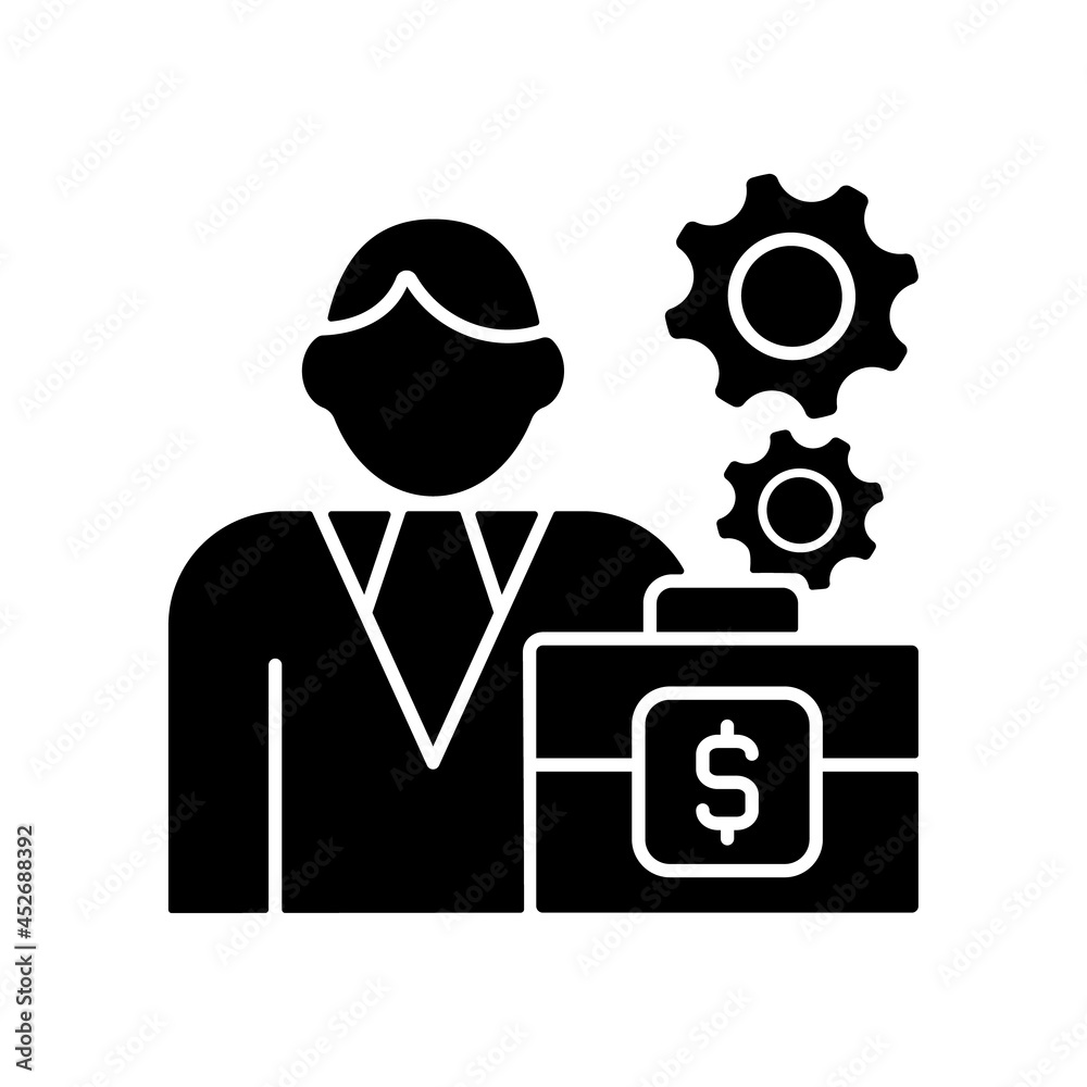 Finance director black glyph icon. Control financial operations. Executive role. Person that oversees budget and revenue. Silhouette symbol on white space. Vector isolated illustration Finance director black glyph icon. Control financial operations. Executive role. Person that oversees budget and revenue. Silhouette symbol on white space. Vector isolated illustration