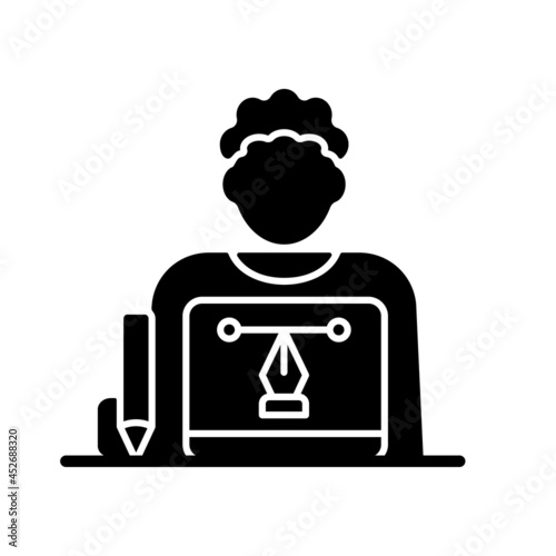 Graphic designer black glyph icon. Creating websites and advertisment. Working on art projects. Freelance and office job. Visual artist. Silhouette symbol on white space. Vector isolated illustration