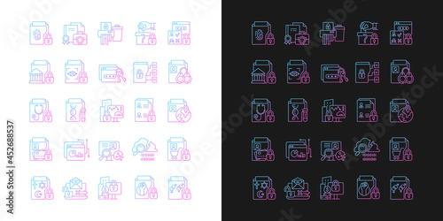 Sensitive information types gradient icons set for dark and light mode. Cyber security. Thin line contour symbols bundle. Isolated vector outline illustrations collection on black and white