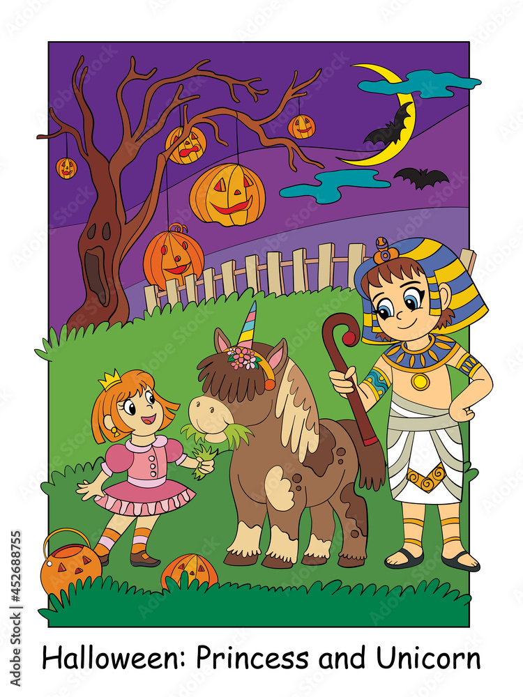 Naklejka premium Halloween illustration princess with a unicorn and an Egyptian