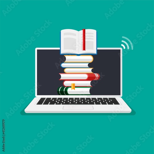 Set of book icons in flat style on computer screen. Online education concept. Vector heap of books with paper cranes on a top. Stack of literature and documents. Publication, study, learning concept.